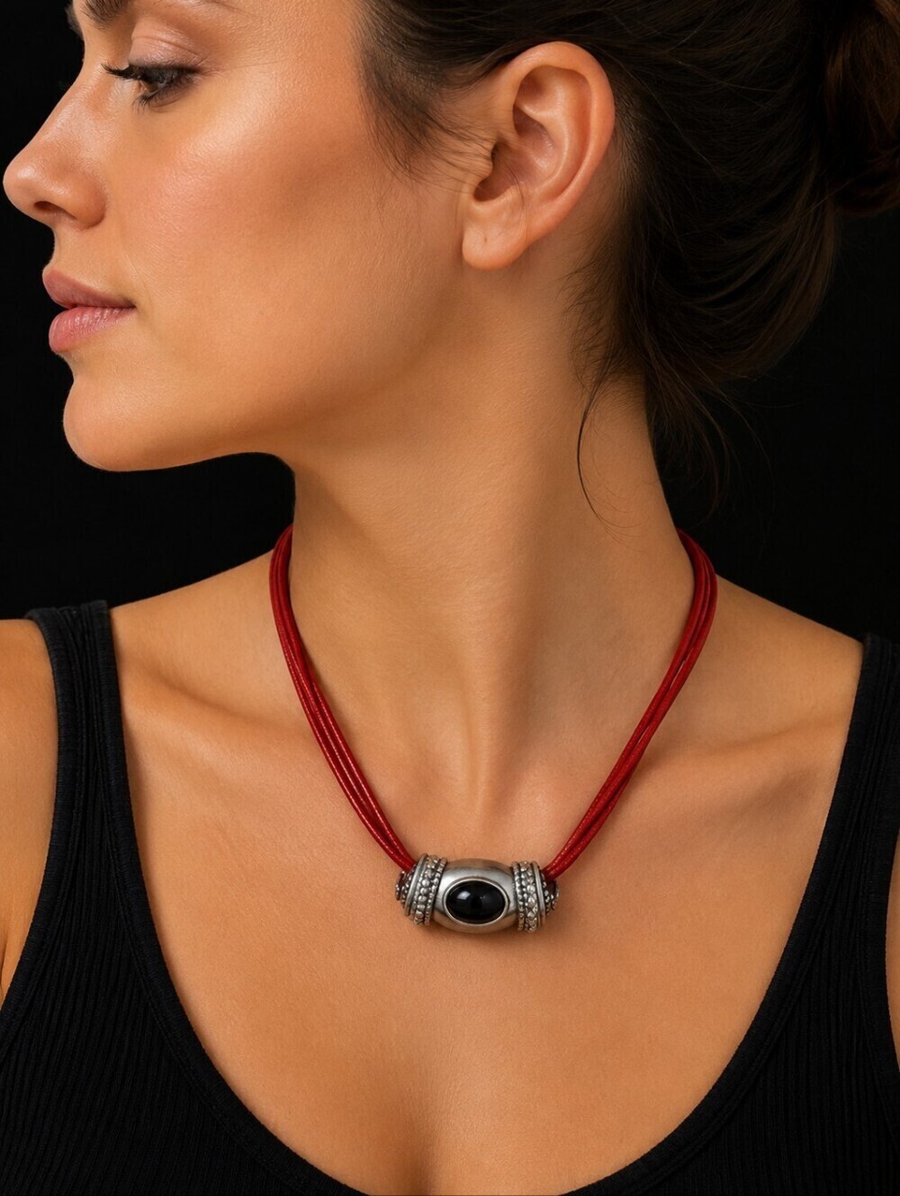 Vintage Stainless Steel Black Gem Slider Pendant Ribbon Necklace